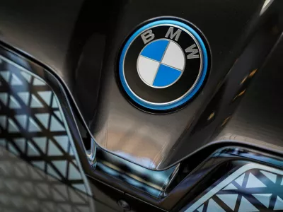 FILE PHOTO: A BMW car logo is displayed during a media tour at the plant of German automaker BMW in San Luis Potosi, Mexico, February 3, 2023. REUTERS/Toya Sarno Jordan/File Photo