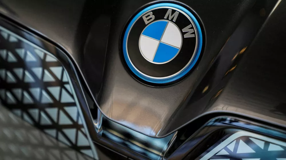 FILE PHOTO: A BMW car logo is displayed during a media tour at the plant of German automaker BMW in San Luis Potosi, Mexico, February 3, 2023. REUTERS/Toya Sarno Jordan/File Photo