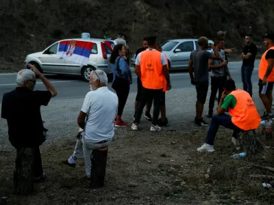 Protestors gather to partially block the road near the main Kosovo-Serbia border crossing in Merdare, Serbia September 6, 2024. REUTERS/Valdrin Xhemaj