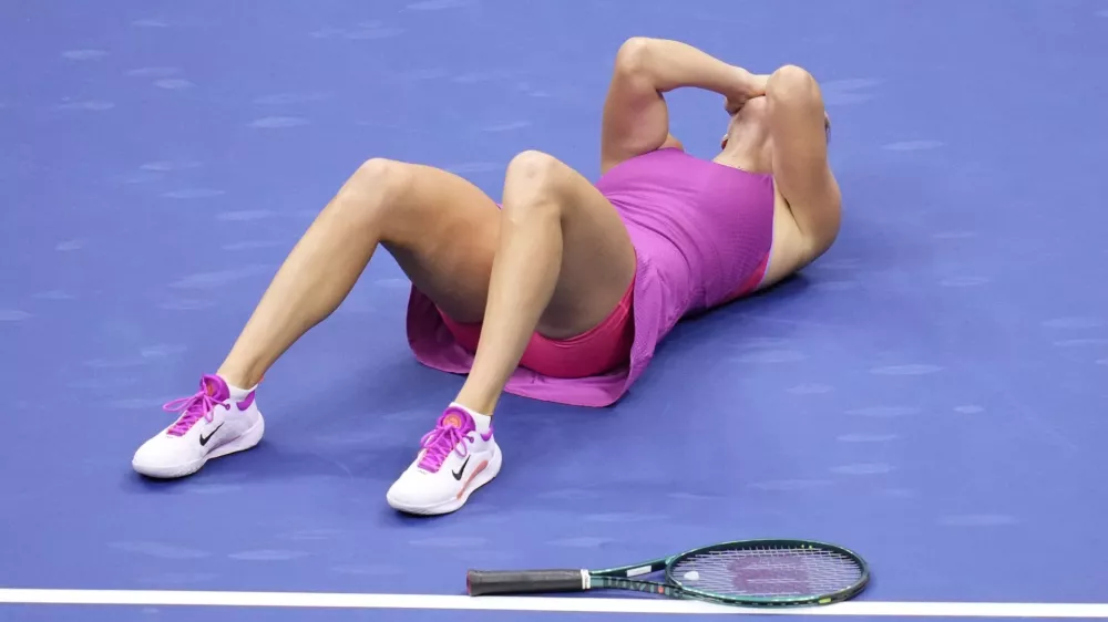 Aryna Sabalenka, of Belarus, reacts after winning the women's singles final of the U.S. Open tennis championships against Jessica Pegula, of the United States, Saturday, Sept. 7, 2024, in New York. (AP Photo/Kirsty Wigglesworth)