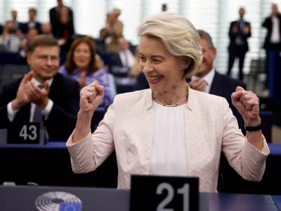 FILE PHOTO: Ursula von der Leyen reacts after being chosen President of the European Commission for a second term, at the European Parliament in Strasbourg, France, July 18, 2024. REUTERS/Johanna Geron/File Photo