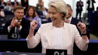 FILE PHOTO: Ursula von der Leyen reacts after being chosen President of the European Commission for a second term, at the European Parliament in Strasbourg, France, July 18, 2024. REUTERS/Johanna Geron/File Photo