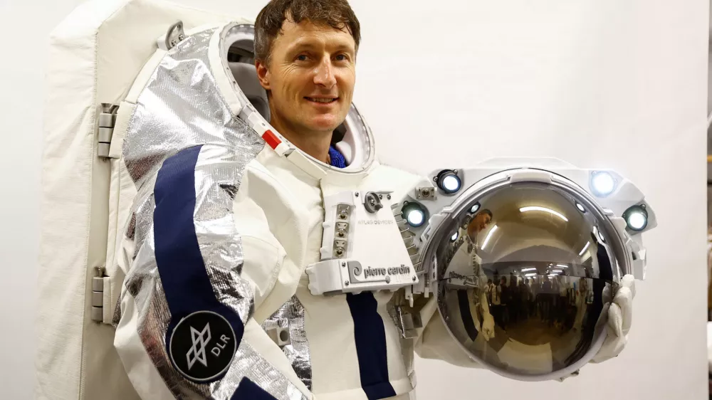 German astronaut Matthias Maurer wears an astronaut spacesuit set to go in space, designed by French fashion brand Pierre Cardin during a media event in Paris, France, September 9, 2024.REUTERS/Abdul Saboor