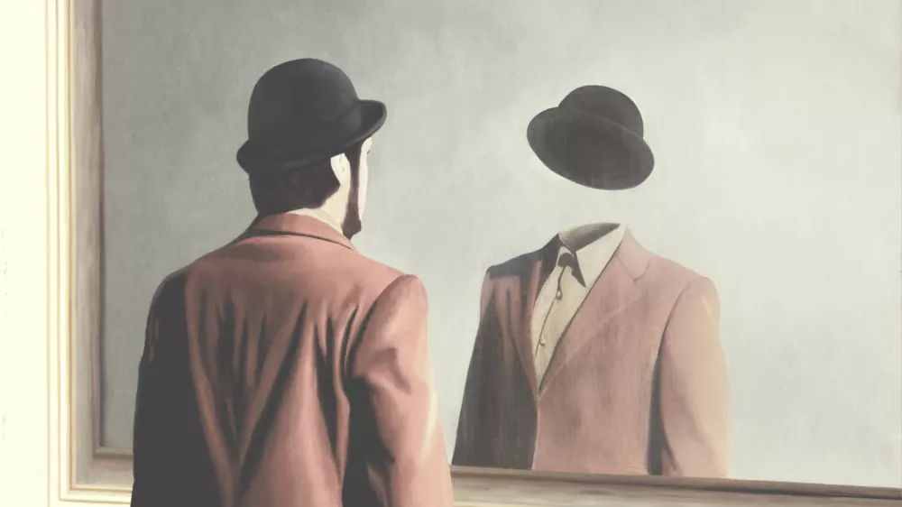 Illustration of man in front of mirror reflecting himself without face, identity absence surreal concept / Foto: Francescoch