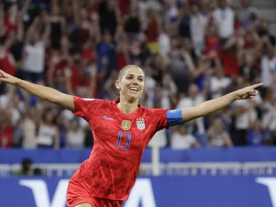 ﻿United States' Alex Morgan celebrates after scoring her side's second goal during the Women's World Cup semifinal soccer match between England and the United States, at the Stade de Lyon, outside Lyon, France, Tuesday, July 2, 2019. (AP Photo/Alessandra Tarantino)