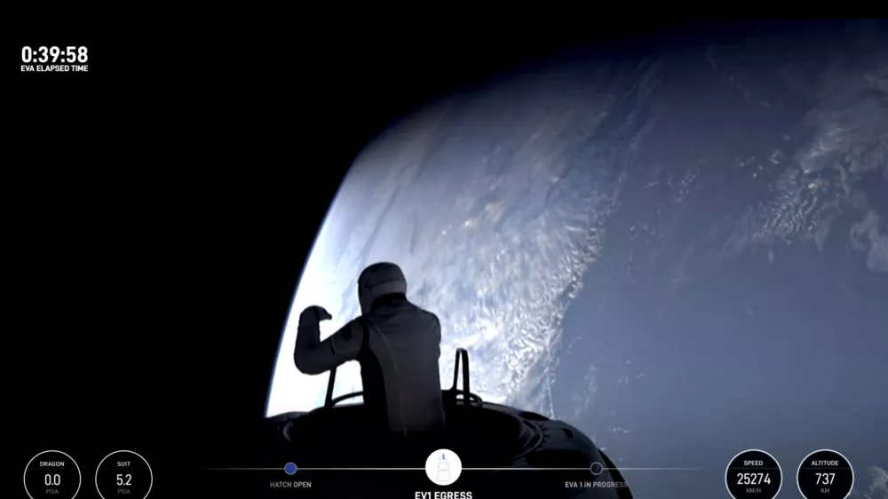 This image made from a SpaceX video shows the start of the first private spacewalk led by tech billionaire Jared Isaacman Thursday Sept. 12, 2024. (SpaceX via AP)