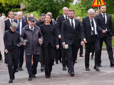 13 September 2024, Sweden, Torsby: The funeral procession for Swedish football player and manager Sven-Goran Eriksson, including his daughter Lina and David Beckham, heading from Fryksande Church towards his homestead in Torsby, Sweden. Photo: Yui Mok/PA Wire/dpa