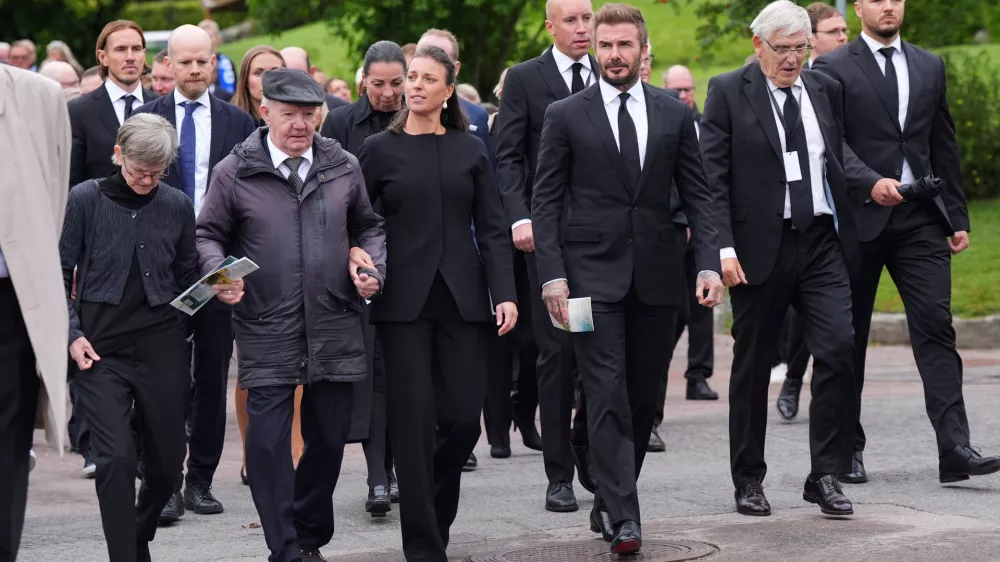 13 September 2024, Sweden, Torsby: The funeral procession for Swedish football player and manager Sven-Goran Eriksson, including his daughter Lina and David Beckham, heading from Fryksande Church towards his homestead in Torsby, Sweden. Photo: Yui Mok/PA Wire/dpa