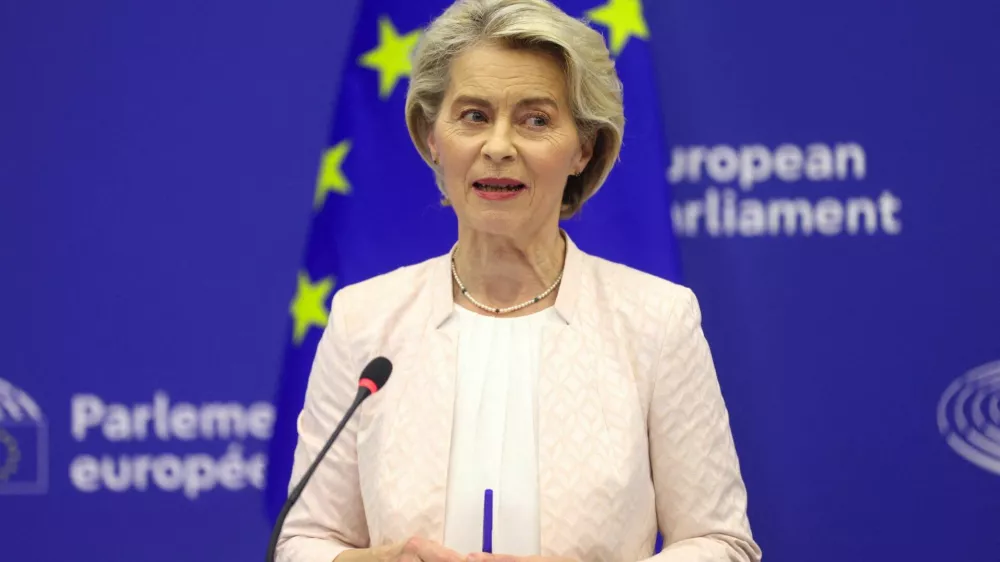 FILE PHOTO: Ursula von der Leyen attends a press conference after her re-election for a second term as President of the European Commission, at the European Parliament in Strasbourg, France, July 18, 2024. REUTERS/Johanna Geron/File Photo