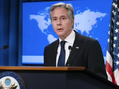 Secretary of State Antony Blinken speaks during a news conference about Russia's election interference at the Department of State in Washington, Friday, Sept. 13, 2024. (AP Photo/Jose Luis Magana)