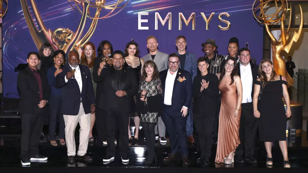 IMAGE DISTRIBUTED FOR THE TELEVISION ACADEMY - Lane Factor, from left, Devery Jacobs, Liza Colón-Zayas, Kim Estes, Lisa Ann Walters, Sheryl Lee Ralph, Television Academy Chair Cris Abrego, Nava Mau, Kate Linder, Tom Goodman-Hill, Michael Cyril Creighton, Mark Duplass, Tig Notaro, William Stanford Davis, Dani Bowman, Kali Reis, Abby Romeo, and David Isaacson attend the 76th Emmy Awards Performers Nominee Reception hosted by the Television Academy at the Wallis Annenberg Beverly Hills on Friday, Sept. 13, 2024 in Los Angeles. (Photo by Mark Von Holden/Invision for the Television Academy/AP Content Services)