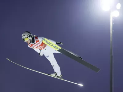 Ema Klinec of Slovenia competes during the women's FIS Ski Jumping World Cup competition at the Gross-Titlis Schanze in Engelberg, Switzerland, on Friday, Dec. 15, 2023. (Philipp Schmidli/Keystone via AP)