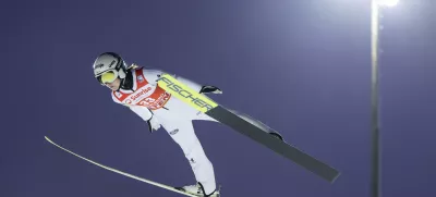 Ema Klinec of Slovenia competes during the women's FIS Ski Jumping World Cup competition at the Gross-Titlis Schanze in Engelberg, Switzerland, on Friday, Dec. 15, 2023. (Philipp Schmidli/Keystone via AP)