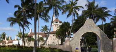 FILE - Security agents talk at the entrance to former President Donald Trump's Mar-a-Lago estate, March 31, 2023, in Palm Beach, Fla. (AP Photo/Rebecca Blackwell, File)