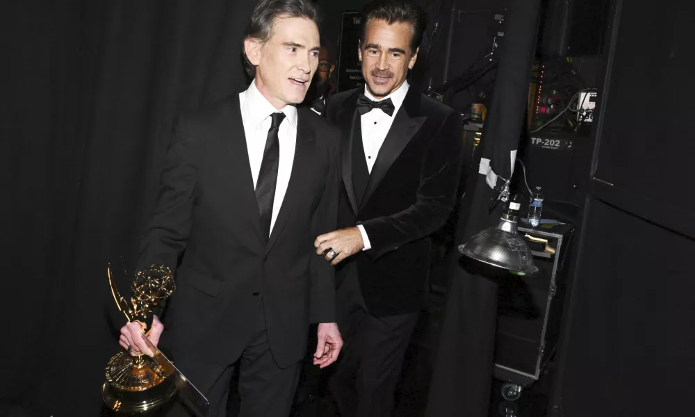 IMAGE DISTRIBUTED FOR THE TELEVISION ACADEMY – Billy Crudup and Colin Farrell backstage at the 76th Emmy Awards on Sunday, Sept. 15, 2024 at the Peacock Theater in Los Angeles. (Photo by Dan Steinberg/Invision for the Television Academy/AP Content Services)