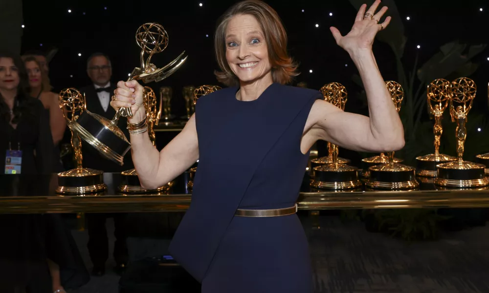 IMAGE DISTRIBUTED FOR THE TELEVISION ACADEMY – Jodie Foster picks up her official Emmy statuette for outstanding lead actress in a limited or Anthology series or movie for "True Detective: Night Country" at the 76th Emmy Awards Trophy Table on Sunday, Sept. 15, 2024 at the Peacock Theater in Los Angeles. (Photo by Mark Von Holden/Invision for the Television Academy/AP Content Services)