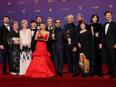 Anna Sawai, winner of the Outstanding Lead Actress in a Drama Series for "Shogun", Hiroyuki Sanada, Outstanding Lead Actor in a Drama Series for "Shogun" and cast and crew of the series, pose at the 76th Primetime Emmy Awards in Los Angeles, California, U.S., September 15, 2024. REUTERS/Mike Blake