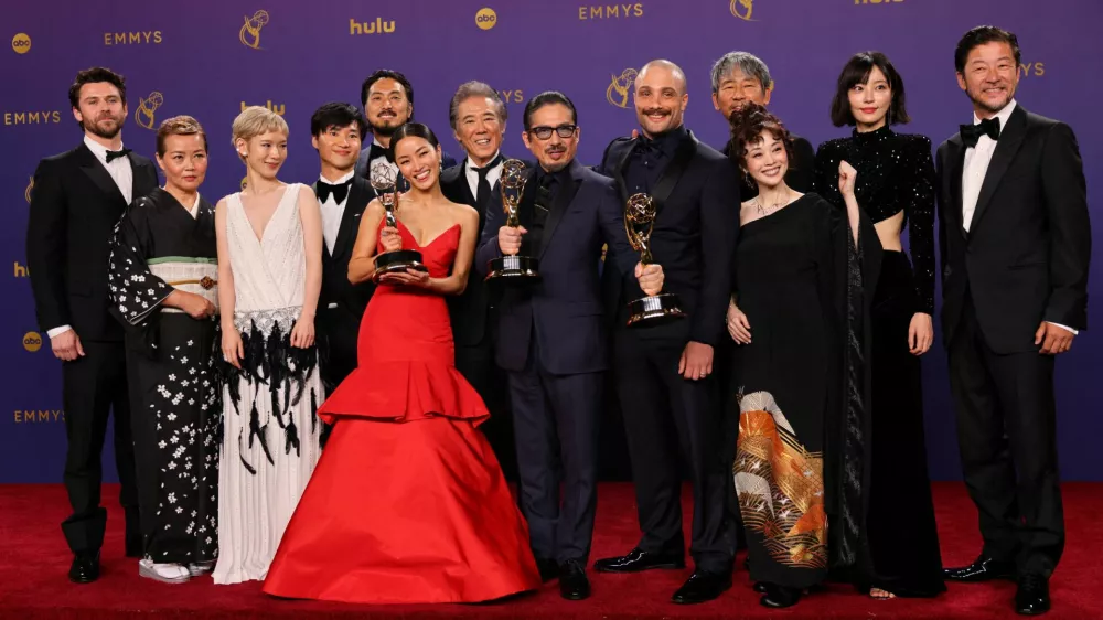 Anna Sawai, winner of the Outstanding Lead Actress in a Drama Series for "Shogun", Hiroyuki Sanada, Outstanding Lead Actor in a Drama Series for "Shogun" and cast and crew of the series, pose at the 76th Primetime Emmy Awards in Los Angeles, California, U.S., September 15, 2024. REUTERS/Mike Blake