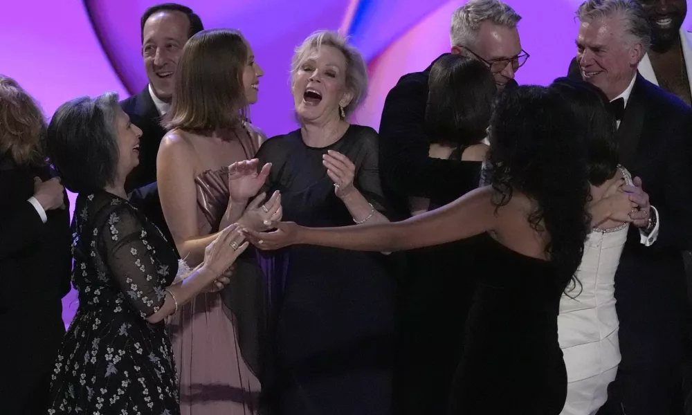 Rose Abdoo, from left, Hannah Einbinder, Jean Smart, Christopher McDonald and the team from "Hacks" accept the award for outstanding comedy series during the 76th Primetime Emmy Awards on Sunday, Sept. 15, 2024, at the Peacock Theater in Los Angeles. (AP Photo/Chris Pizzello)