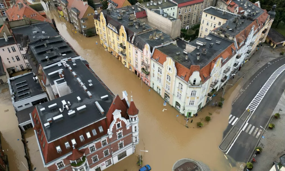 General view taken by drone of a flooded area by Nysa Klodzka river in Nysa, Poland September 16, 2024. REUTERS/Kacper Pempel