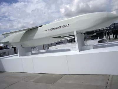 FILE - The Storm Shadow cruise missile is on display during the Paris Air Show in Le Bourget, north of Paris, France, on June 19, 2023. French President Emmanuel Macron has called for Western countries to let Ukraine strike military bases inside Russia with the sophisticated long-range weapons they are providing to Kyiv. It is the most recent sign of a potentially significant policy shift that could help change the complexion of the war. (AP Photo/Lewis Joly, File)