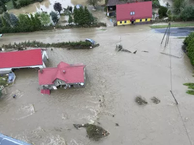 This handout photo provided by the Polish fire department, shows a flooded area near the Nysa Klodzka river in Nysa, Poland on Monday, Sept. 16, 2024. (KG PSP Photo via AP)