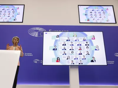 European Commission President Ursula von der Leyen presents her new team for the next five-year, during a press conference at the European Parliament, Tuesday, Sept. 17, 2024, in Strasbourg. (AP Photo/Jean-Francois Badias)