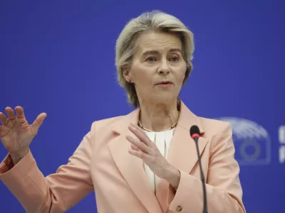 European Commission President Ursula von der Leyen presents her new team for her next five-year tenure at the head of the bloc, during a press conference at the European Parliament, Tuesday, Sept. 17, 2024, in Strasbourg. (AP Photo/Jean-Francois Badias)