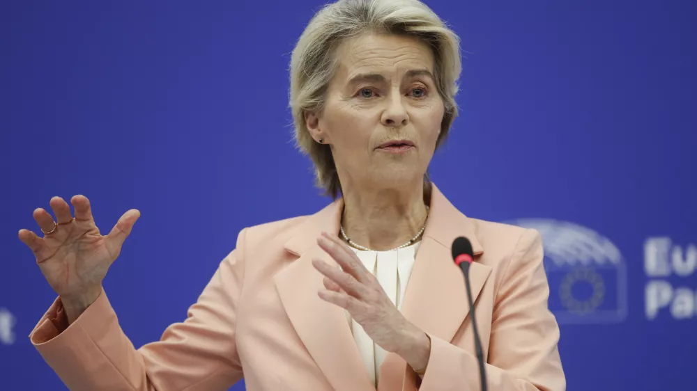 European Commission President Ursula von der Leyen presents her new team for her next five-year tenure at the head of the bloc, during a press conference at the European Parliament, Tuesday, Sept. 17, 2024, in Strasbourg. (AP Photo/Jean-Francois Badias)