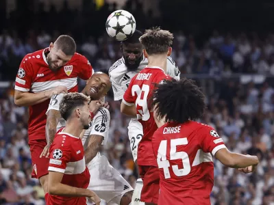 Soccer Football - Champions League - Real Madrid v VfB Stuttgart - Santiago Bernabeu, Madrid, Spain - September 17, 2024 Real Madrid's Antonio Rudiger scores their second goal REUTERS/Juan Medina