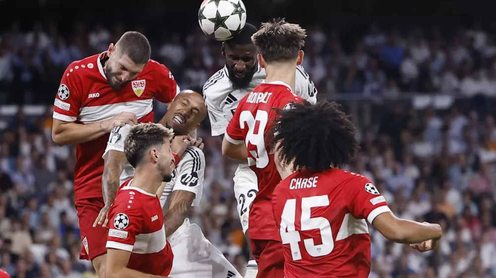 Soccer Football - Champions League - Real Madrid v VfB Stuttgart - Santiago Bernabeu, Madrid, Spain - September 17, 2024 Real Madrid's Antonio Rudiger scores their second goal REUTERS/Juan Medina