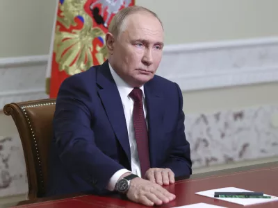 Russian President Vladimir Putin holds a meeting with the elected heads of Russia's constituent entities via videoconference at the Constantine Palace in Strelna in the suburb of St. Petersburg, Russia, Wednesday, Sept. 18, 2024. (Alexander Kazakov, Sputnik, Kremlin Pool Photo via AP)