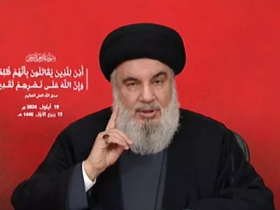 Hezbollah leader Sayyed Hassan Nasrallah gives a televised address, Lebanon, September 19, 2024, in this screenshot taken from a video. Al-Manar TV via REUTERS THIS IMAGE HAS BEEN SUPPLIED BY A THIRD PARTY. NO RESALES. NO ARCHIVES