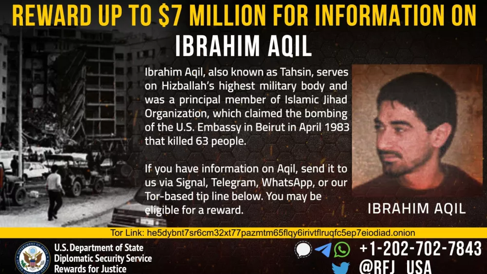 An undated photograph of Ibrahim Aqil, who serves on Hezbollah's top military body as a senior commander according to two security sources in Lebanon and the Israeli Army Radio, appears on a wanted poster circulated by the U.S. Department of State's Diplomatic Security Service entity "Rewards for Justice".  U.S. State Department/Handout via REUTERS. THIS IMAGE HAS BEEN SUPPLIED BY A THIRD PARTY NO RESALES. NO ARCHIVES.