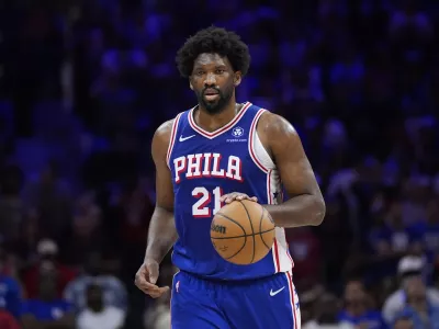 FILE - Philadelphia 76ers' Joel Embiid plays during Game 6 in an NBA basketball first-round playoff series, Thursday, May 2, 2024, in Philadelphia. (AP Photo/Matt Slocum, File)