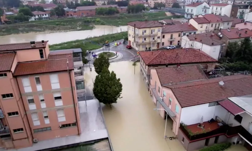 A drone view shows the flooded area of Faenza as severe weather triggers floods in Emilia-Romagna, Italy, September 19, 2024 in this screen grab obtained from a video by AGTW. AGTW/via REUTERS THIS IMAGE HAS BEEN SUPPLIED BY A THIRD PARTY. NO RESALES. NO ARCHIVES. ITALY OUT. NO COMMERCIAL OR EDITORIAL SALES IN ITALY