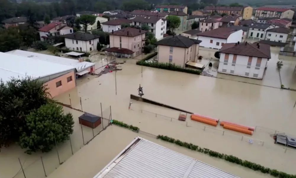 A drone view shows the flooded area of Faenza as severe weather triggers floods in Emilia-Romagna, Italy, September 19, 2024 in this screen grab obtained from a video by AGTW. AGTW/via REUTERS THIS IMAGE HAS BEEN SUPPLIED BY A THIRD PARTY. NO RESALES. NO ARCHIVES. ITALY OUT. NO COMMERCIAL OR EDITORIAL SALES IN ITALY