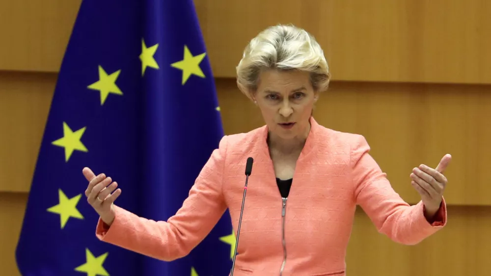 FILE PHOTO: European Commission President Ursula von der Leyen gestures as she addresses her first State of the European Union speech during a plenary session of the European Parliament as the coronavirus disease (COVID-19) outbreak continues, in Brussels, Belgium September 16, 2020. REUTERS/Yves Herman/File Photo