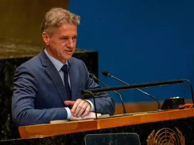 Prime Minister of Slovenia Robert Golob addresses the "Summit of the Future" in the General Assembly Hall at United Nations Headquarters in New York City, U.S., September 22, 2024. REUTERS/David Dee Delgado