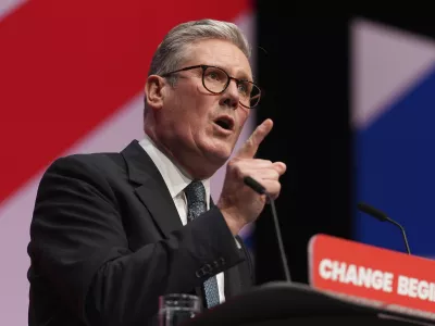 Britain's Prime Minister Keir Starmer addresses members at the Labour Party Conference in Liverpool, England, Tuesday, Sept. 24, 2024.(AP Photo/Jon Super)