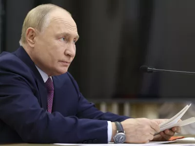 Russian President Vladimir Putin leads the Security Council meeting on nuclear deterrence at the Kremlin in Moscow, Russia, Wednesday, Sept. 25, 2024. (Alexander Kazakov, Sputnik, Kremlin Pool Photo via AP)