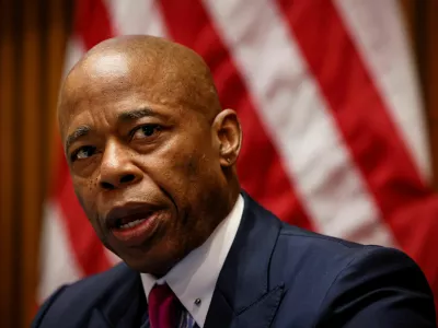 FILE PHOTO: New York City Mayor Eric Adams speaks during a news conference at 1 Police Plaza in New York City, U.S., April 3, 2024. REUTERS/Brendan McDermid/File Photo