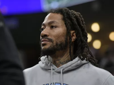 FILE -Memphis Grizzlies guard Derrick Rose stands on the sideline in the second half of an NBA basketball game against the Milwaukee Bucks, Feb. 15, 2024, in Memphis, Tenn. (AP Photo/Brandon Dill, File)