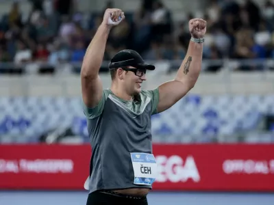 Athletics - Diamond League - Rome - Stadio Olimpico, Rome, Italy - August 30, 2024 Slovenia's Kristjan Ceh celebrates after winning the Men's Discus Throw REUTERS/Remo Casilli