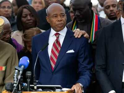 New York City Mayor Eric Adams speaks to the press outside his official residence Gracie Mansion after he was charged with bribery and illegally soliciting a campaign contribution from a foreign national, in New York City, U.S. September 26, 2024. REUTERS/Caitlin Ochs