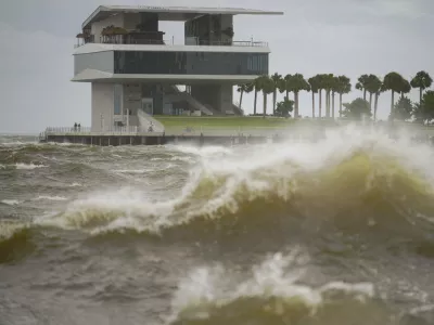 The St. Pete Pier is pictured among high winds and waves as Hurricane Helene makes its way toward the Florida panhandle, passing west of Tampa Bay, Thursday, Sept. 26, 2024 in St. Petersburg, Fla. (Martha Asencio-Rhine/Tampa Bay Times via AP)