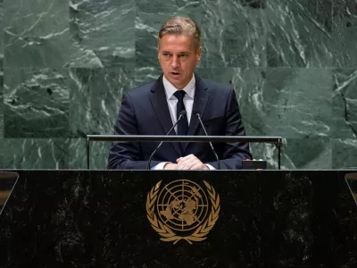 Prime Minister of Slovenia Robert Golob addresses the 79th United Nations General Assembly at U.N. headquarters in New York, U.S., September 27, 2024. REUTERS/Eduardo Munoz