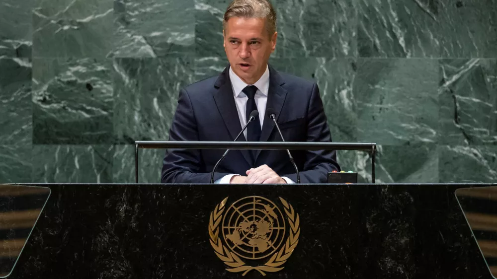 Prime Minister of Slovenia Robert Golob addresses the 79th United Nations General Assembly at U.N. headquarters in New York, U.S., September 27, 2024. REUTERS/Eduardo Munoz