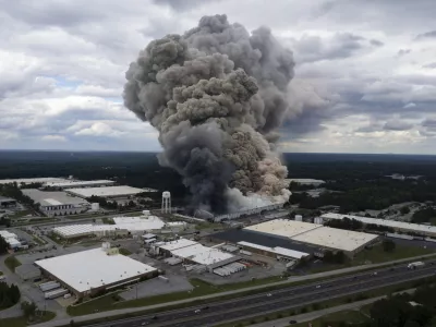 Smoke billows from a fire at the BioLab facility in Conyers, Ga., Sunday, Sept. 29, 2024. (Ben Gray/Atlanta Journal-Constitution via AP)