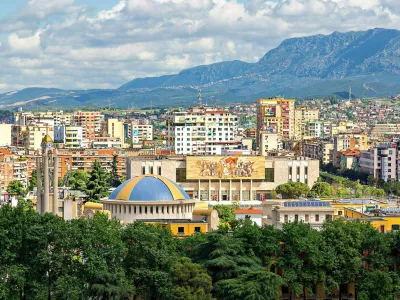 2BH10PT Cityscape over Tirana with its colorful apartment buildings, Tirana, Albania